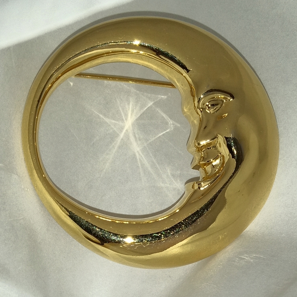 Vintage Gold Tone Crescent Moon Man Brooch Celestial